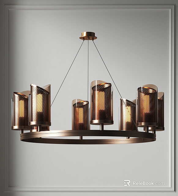 Modern Metallic Chandelier with Circular Frame and Cylindrical Perforated Shades hanging in White Room Interior 3d model 