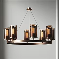 Modern Metallic Chandelier with Circular Frame and Cylindrical Perforated Shades hanging in White Room Interior