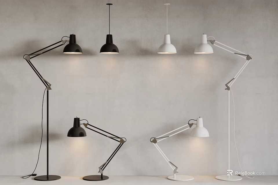 Modern Black And White Lighting Combination With Floor Lamps And Pendant Lights 3d model 