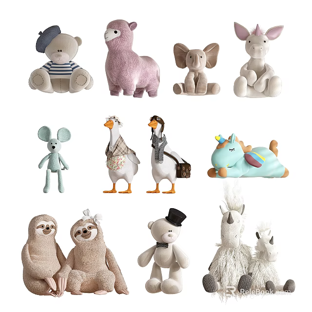 Cute Stuffed Animal Toys Collection Featuring Bear Sloth Unicorn Elephant Mouse Goose 3d model 