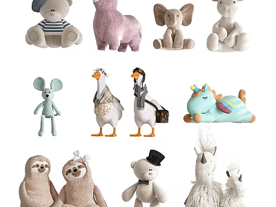 Cute Stuffed Animal Toys Collection Featuring Bear Sloth Unicorn Elephant Mouse Goose 3d model