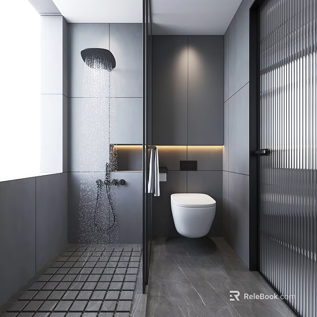 Modern Bathroom Interior With Glass Shower White Toilet Grey Walls Tiled Floor And Lighting 3d model 