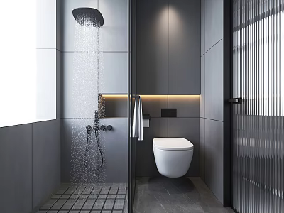 Modern Bathroom Interior With Glass Shower White Toilet Grey Walls Tiled Floor And Lighting 3d model
