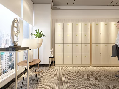 Modern Office Interior With Large Window Beige Lockers Green Plant And Standing Man 3d model