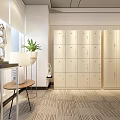 Modern Office Interior With Large Window Beige Lockers Green Plant And Standing Man