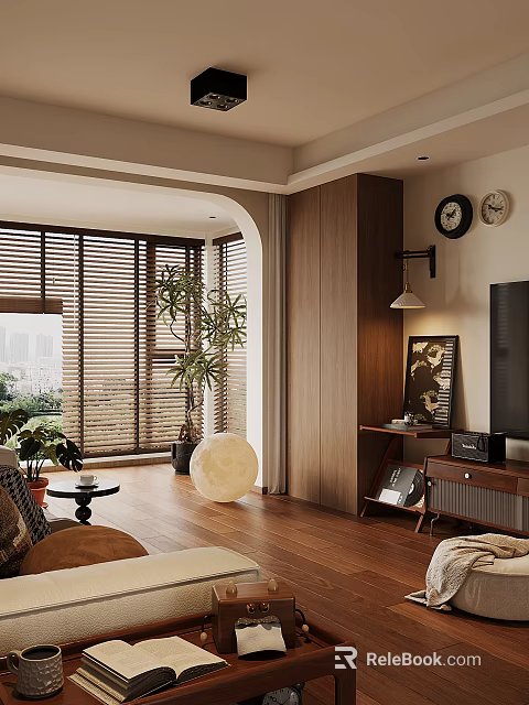 Modern Living Room Interior With Wooden Floor Large Windows Blinds TV And Green Plants 3d model 