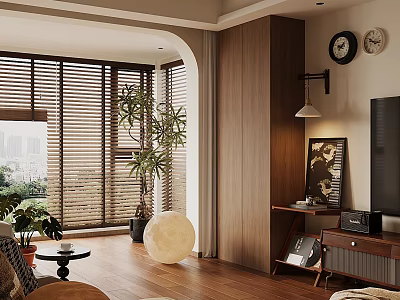 Modern Living Room Interior With Wooden Floor Large Windows Blinds TV And Green Plants 3d model