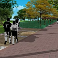 Municipal Road With Green Trees Street Lamps Vehicles Pedestrians And Paved Sidewalks