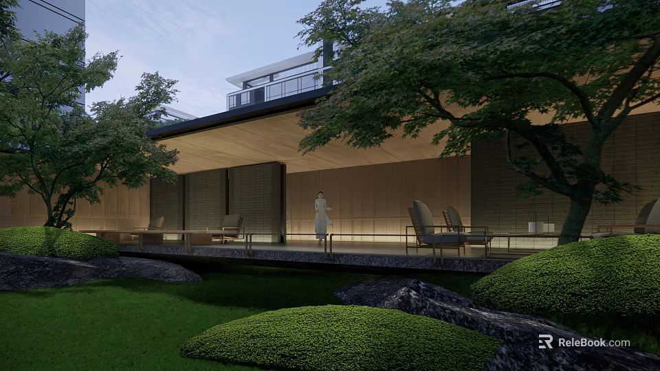 Tranquil Japanese Garden With Wooden Veranda Greenery Stones Lawn And Pathway 3d model 