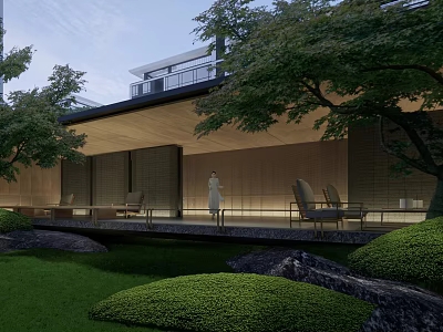 Tranquil Japanese Garden With Wooden Veranda Greenery Stones Lawn And Pathway 3d model