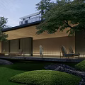 Tranquil Japanese Garden With Wooden Veranda Greenery Stones Lawn And Pathway