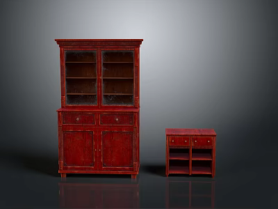 Dark Red Wooden Cabinet With Glass Doors And Small Drawer Cabinet 3d model