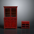 Dark Red Wooden Cabinet With Glass Doors And Small Drawer Cabinet