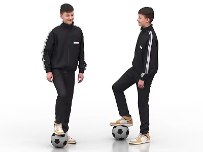 Men In Black Tracksuits Standing With Soccer Balls On White Background 3d model