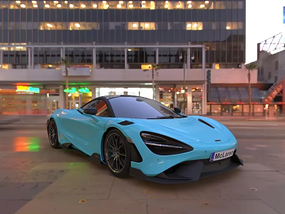 Light Blue Sports Car Parked In Urban City Street At Night With Neon Lights 3d model
