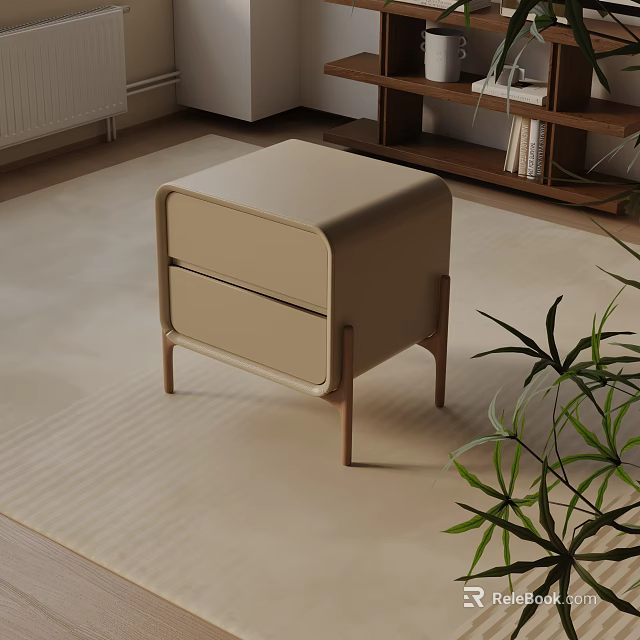 Modern Beige Nightstand with Two Drawers Wooden Legs on Beige Rug and Green Plant Nearby 3d model 
