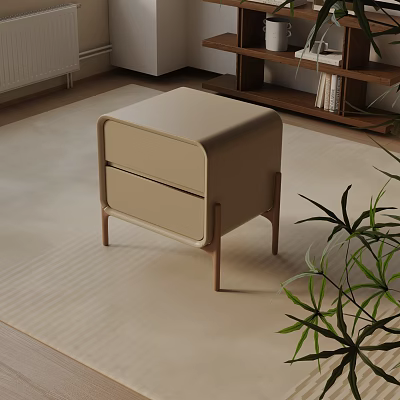 Modern Beige Nightstand with Two Drawers Wooden Legs on Beige Rug and Green Plant Nearby 3d model