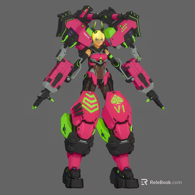 Man Wearing Pink And Green Mechanical Armor With Futuristic Design Features 3d model 