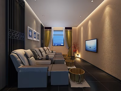 Relaxing SPA Sauna Lounge Area With Comfortable Sofas TV Window And Decorative Paintings 3d model
