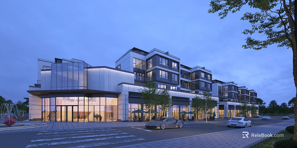 Modern Commercial Street With Contemporary Architecture Glass Facades Trees Shops And Parked Cars In Evening 3d model 