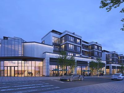 Modern Commercial Street With Contemporary Architecture Glass Facades Trees Shops And Parked Cars In Evening 3d model