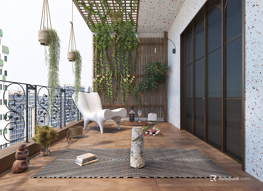 Cozy Home Balcony with Pergola Wooden Floor Green Plants and White Chair 3d model 