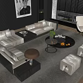 Modern Sofa Coffee Table Set With Light Upholstery Round Black Table Accent Stools And Plants 3d model