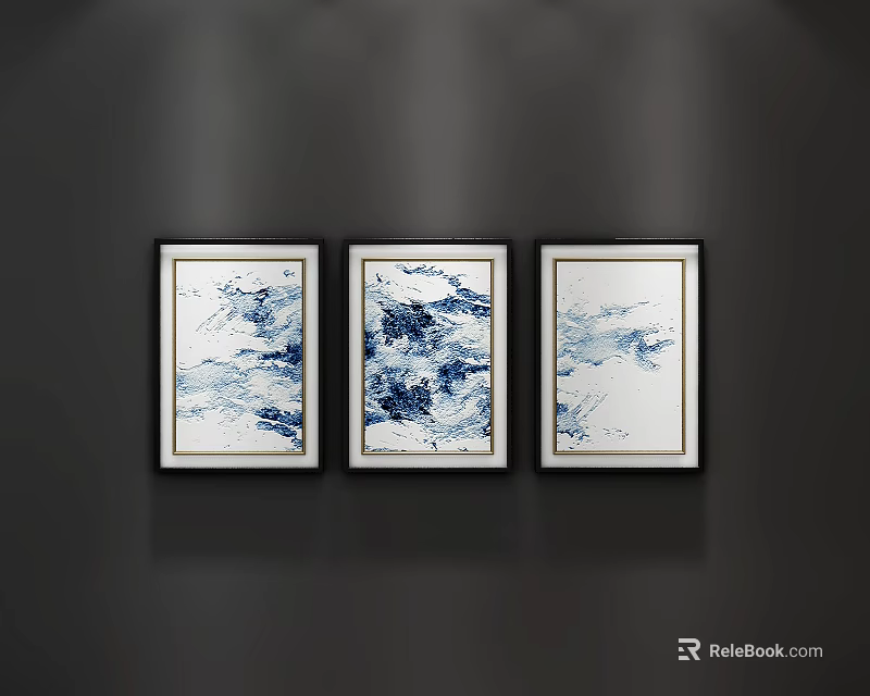Three Framed Blue And White Abstract Paintings In Landscape Style For Modern Wall Decor 3d model 