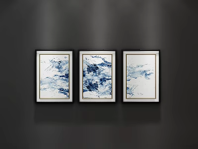 Three Framed Blue And White Abstract Paintings In Landscape Style For Modern Wall Decor 3d model