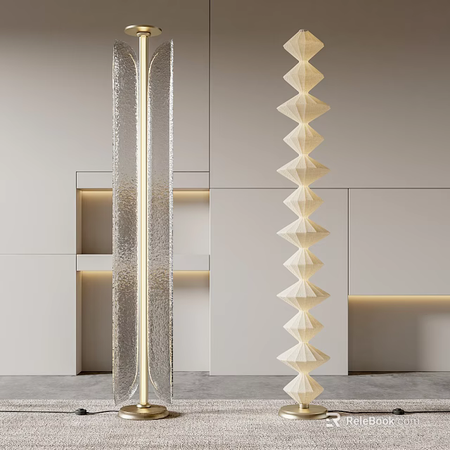 Modern Floor Lamps With Transparent Glass Columns And White Folding Shades In Minimalist Interior 3d model 