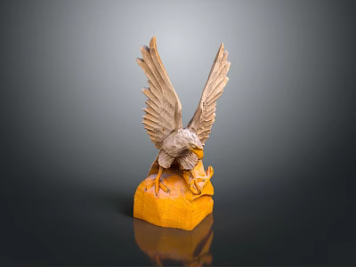 Detailed Eagle With Spread Wings Wooden Sculpture Standing On Yellow Base 3d model