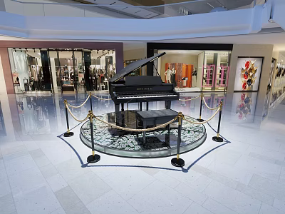 Showcase Shelf In Shopping Mall Featuring Black Piano On Circular Platform With Shiny Floor 3d model