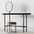 Black Dressing Table with Round Mirror Brown Stool and Metal Frame Design 3d model
