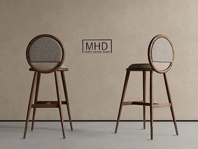 Set Of Two Modern Wooden Bar Stools With Round Woven Backrest And Footrest 3d model