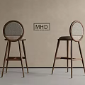 Set Of Two Modern Wooden Bar Stools With Round Woven Backrest And Footrest