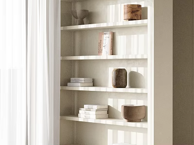 Minimalist Decorative Ornament Set With Stacked Books On White Shelf Under Natural Light Shadow Effects 3d model