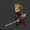 Chibi Warrior Character With Blonde Hair Blue Eyes Red Gold Armor Holding Sword