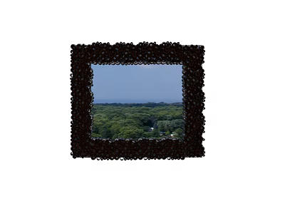 Mirror with textured black frame reflecting green forest and blue sky view 3d model