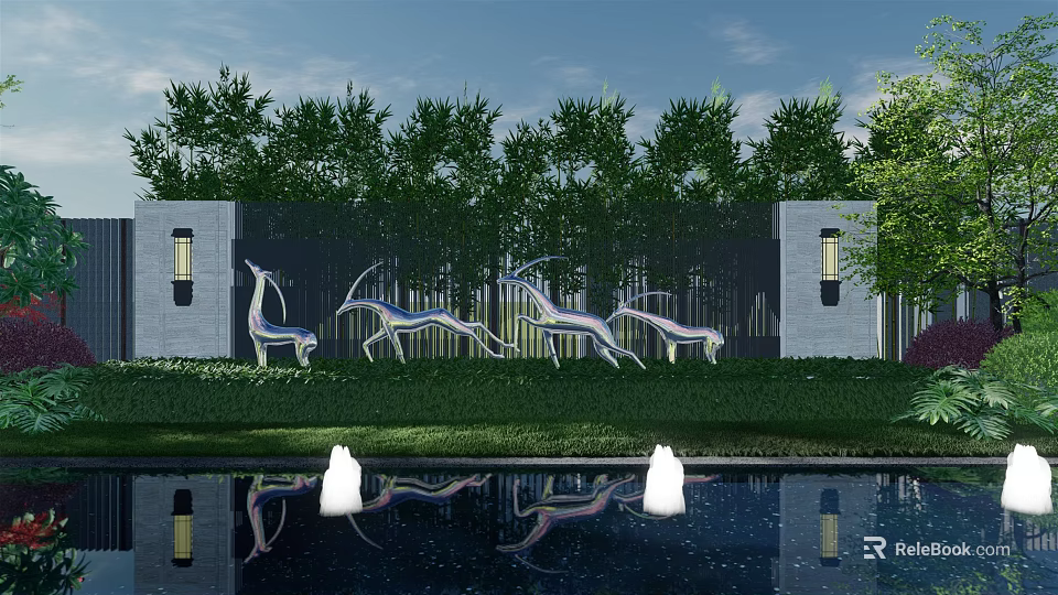 Garden Wall With Running Antelope Sculptures Side Lights Background Trees And Pool Reflection 3d model