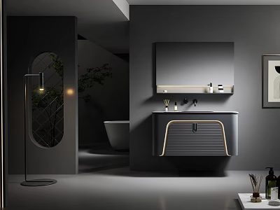 Modern Hotel Bathroom Interior Design With Vanity Mirror Bathtub Lighting And Plants 3d model