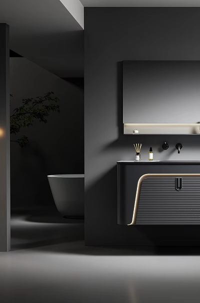 Modern Hotel Bathroom Interior Design With Vanity Mirror Bathtub Lighting And Plants 3d model