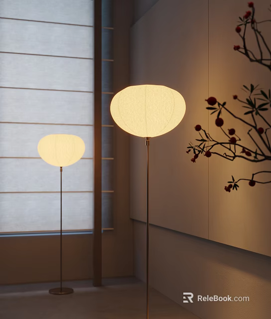 Modern Floor Lamps With Round Light Lampshades And Red Flower Branch In Interior Space 3d model 