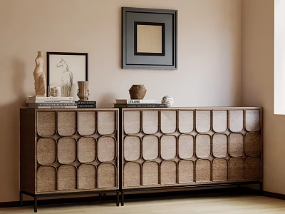 Modern Geometric Panel Sideboard With Sculptures Books And Framed Art In Minimal Interior 3d model