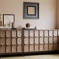 Modern Geometric Panel Sideboard With Sculptures Books And Framed Art In Minimal Interior