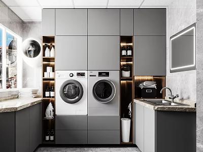 Modern Laundry Room Interior With Grey Cabinets Washing Machine Dryer And Marble Countertop 3d model