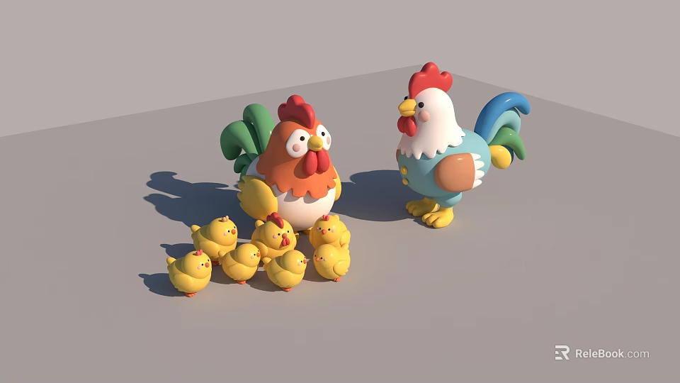 Colorful Roosters With Red Combs And Flock Of Yellow Baby Chicks As Flying Animals 3d model 