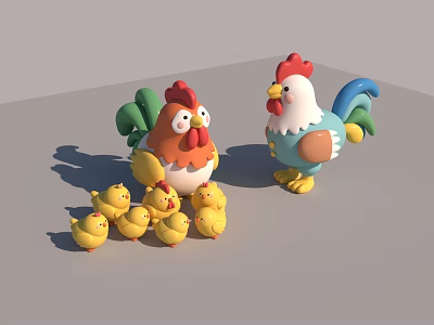 Colorful Roosters With Red Combs And Flock Of Yellow Baby Chicks As Flying Animals 3d model