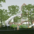 Outdoor Children's Play Area With Slide Climbing Structure And Green Trees Grass