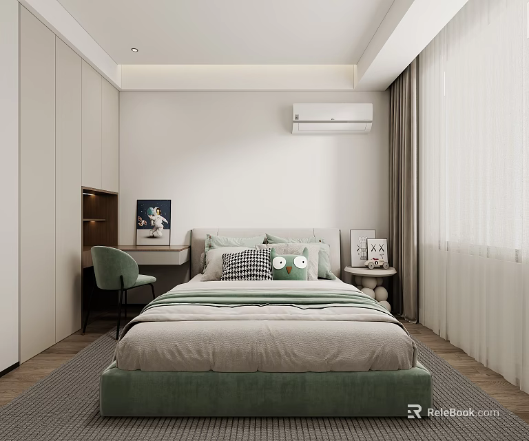 Cozy Kids Room Interior With Green Bed Checkered Pillows Study Desk And Green Chair 3d model 
