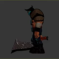 Red Skinned Game Movie Character With Horned Helmet Armored Shoulders And Weapon